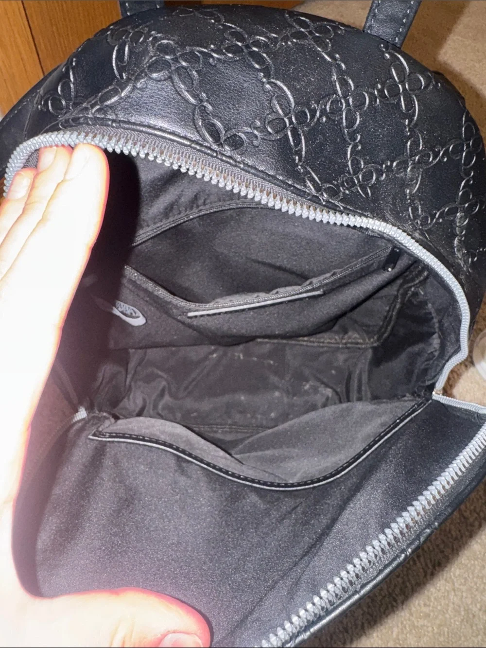 Nine West Black Embossed Mini Backpack with Front Zip Pocket